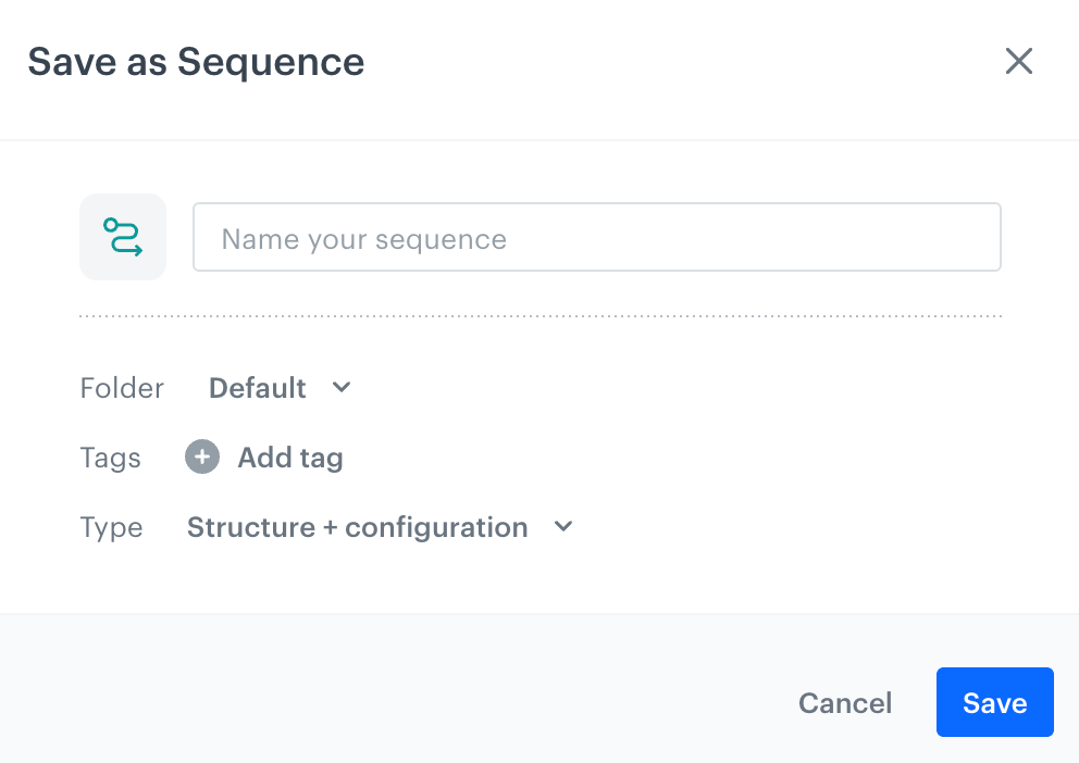 The Save as Sequence dialog with fields for name, folder, tags, and type