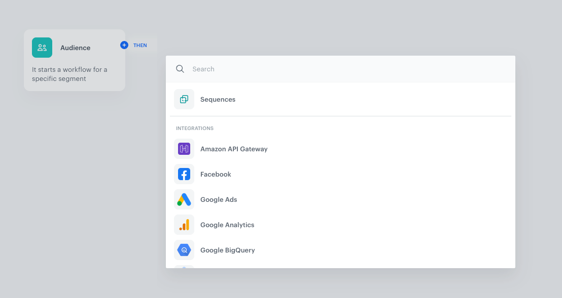 The node picker with Sequences listed at the top, followed by Integrations