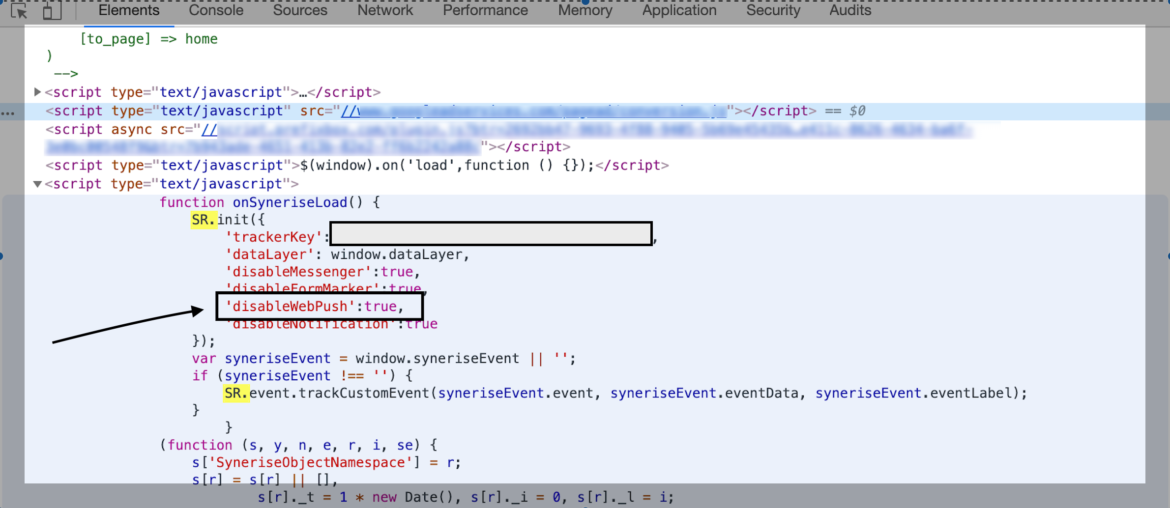 Browser developer console showing the SR.init call with the disableWebPush parameter that prevents web push notifications from displaying
