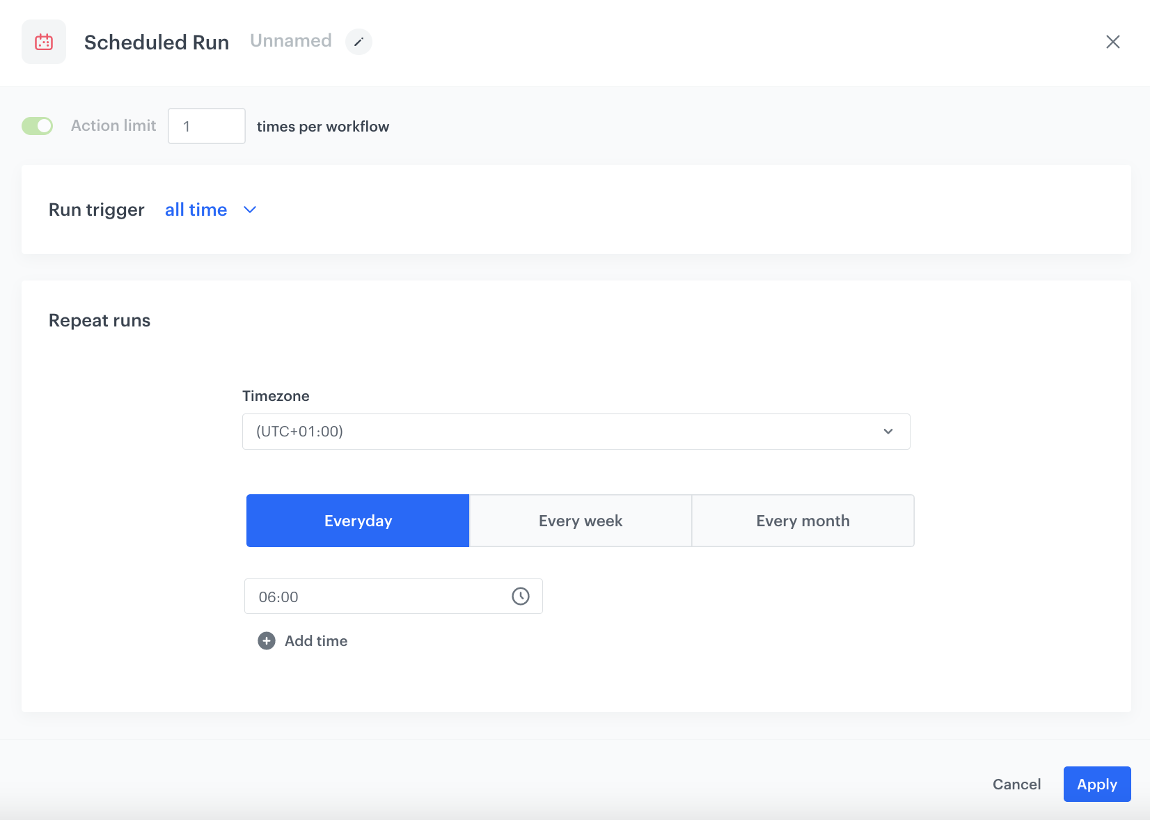 Automation Hub Scheduled Run node configuration for triggering BigQuery metrics retrieval