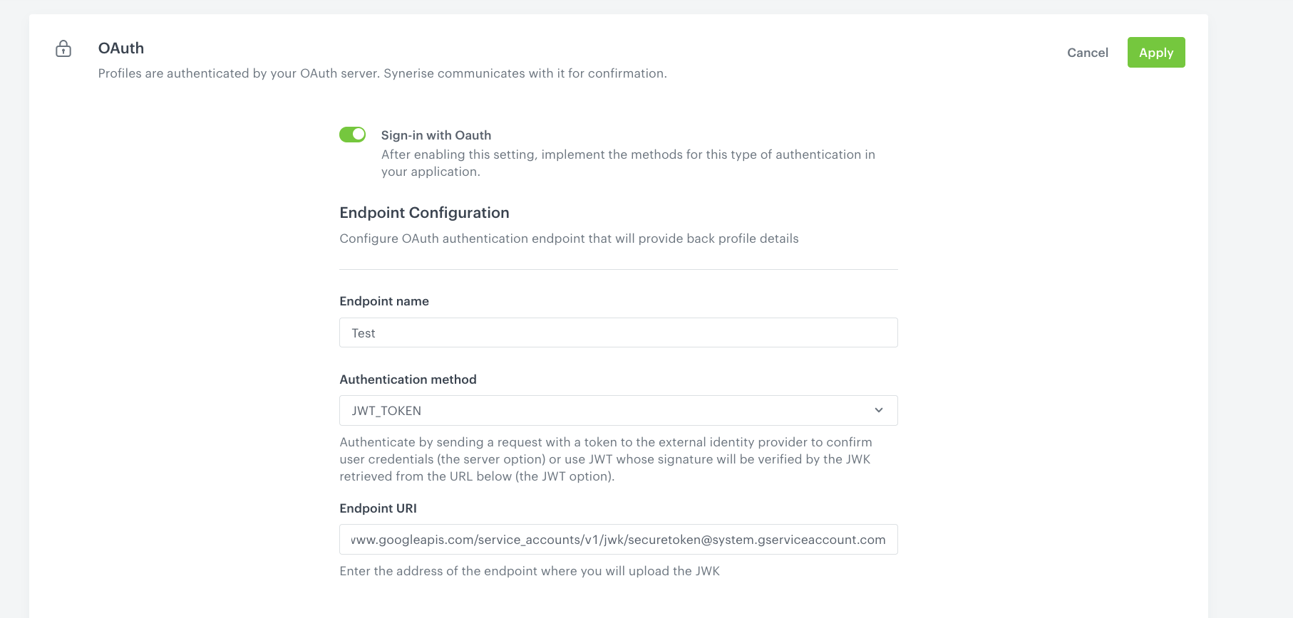 Synerise IAM OAuth method settings showing JWT_TOKEN configuration and JWK endpoint URI