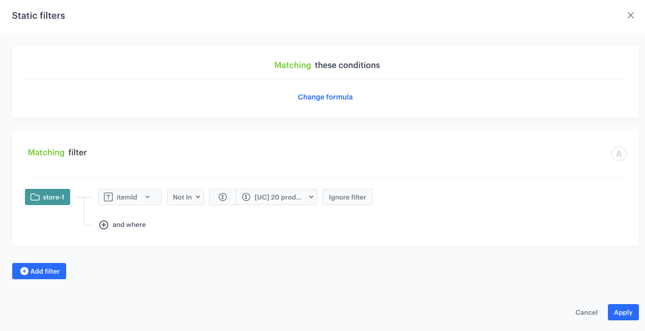 AI Hub recommendation static filter excluding the last 20 products added to cart using the cart SKU aggregate
