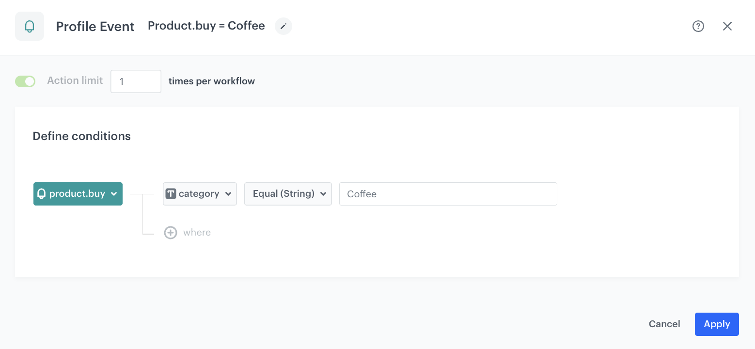 Automation Hub Profile Event node configured with product.buy event filtered by Coffee category