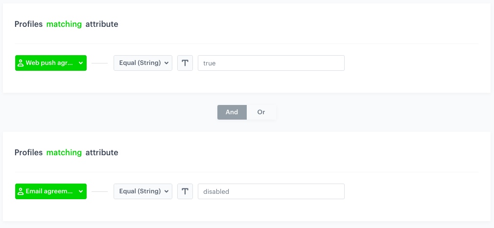 Automation Hub Profile Filter node configured for web push agreement and email agreement conditions