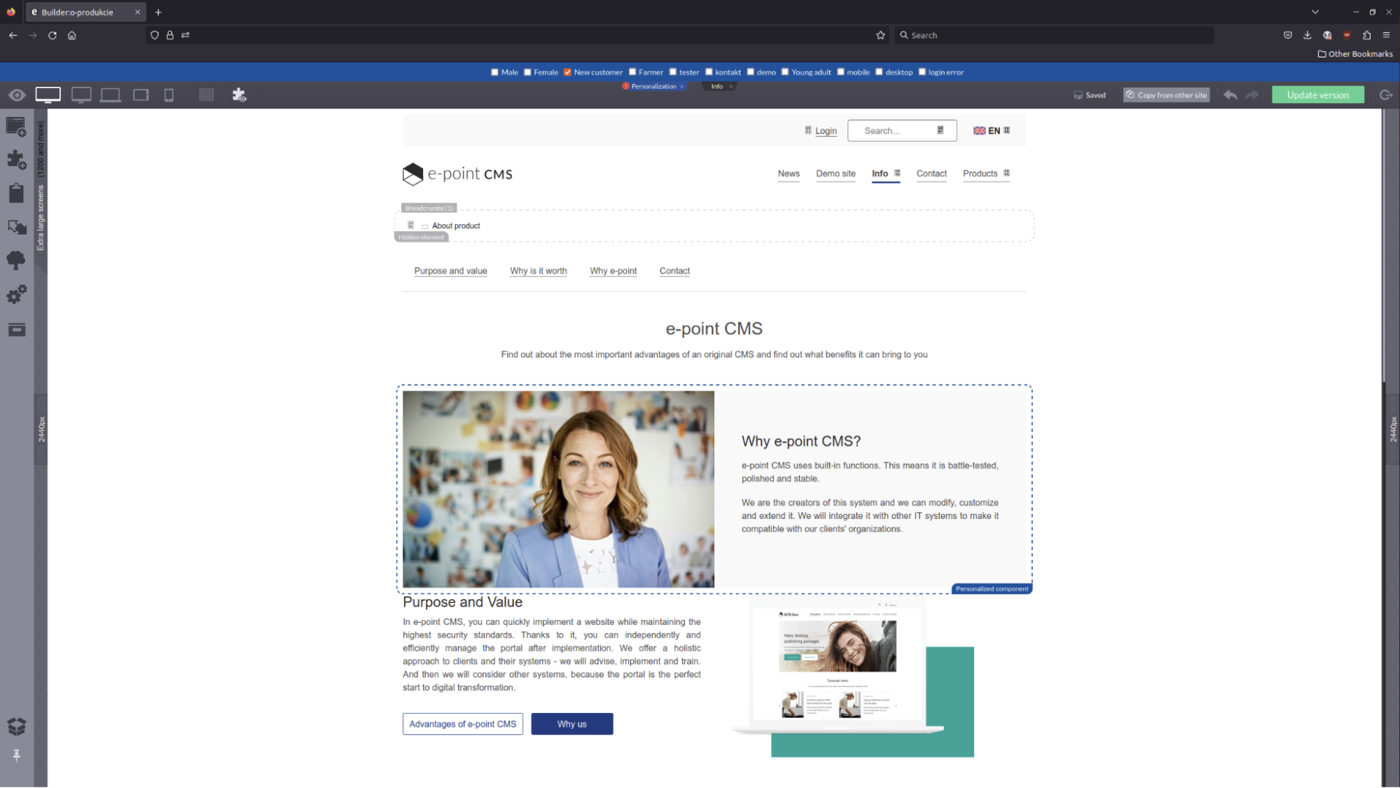 e-point CMS Visual Builder with defined component