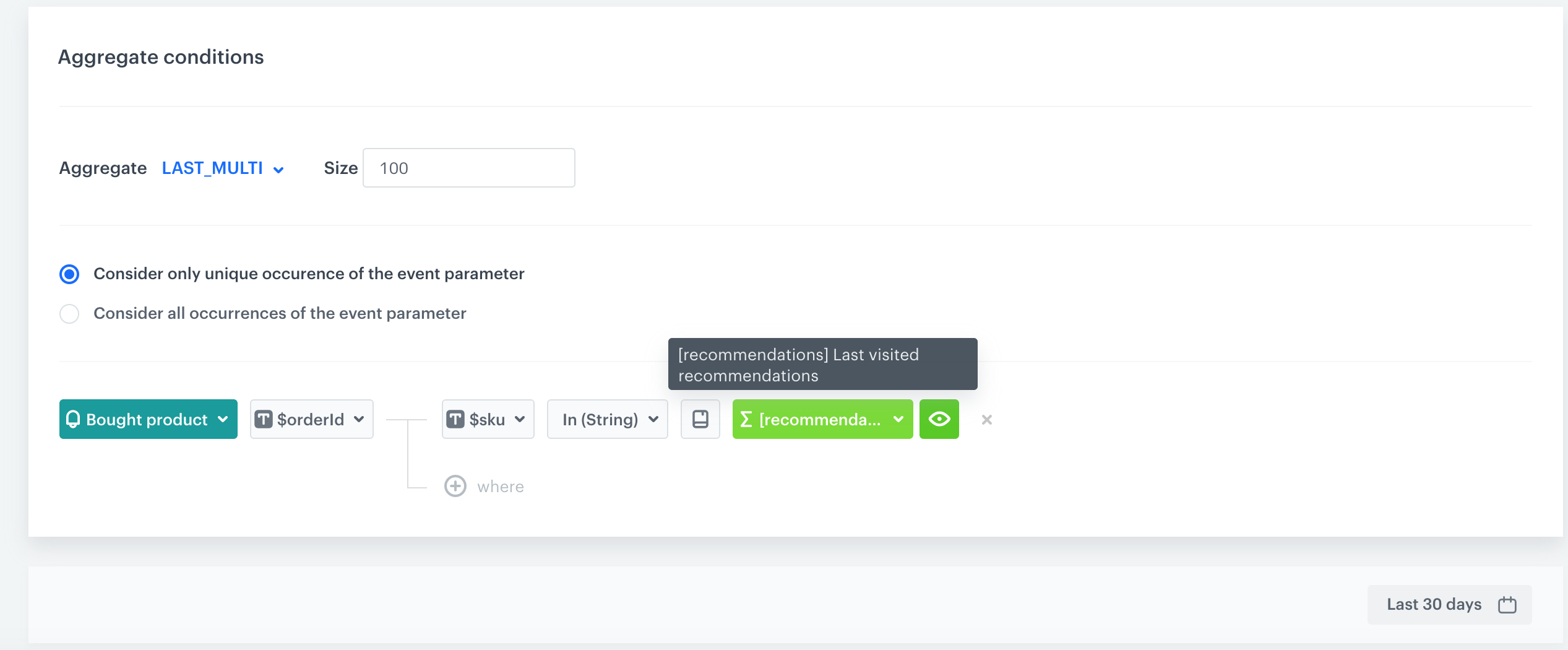 Decision Hub Last Multi aggregate returning the distinct order IDs of products clicked in a recommendation campaign