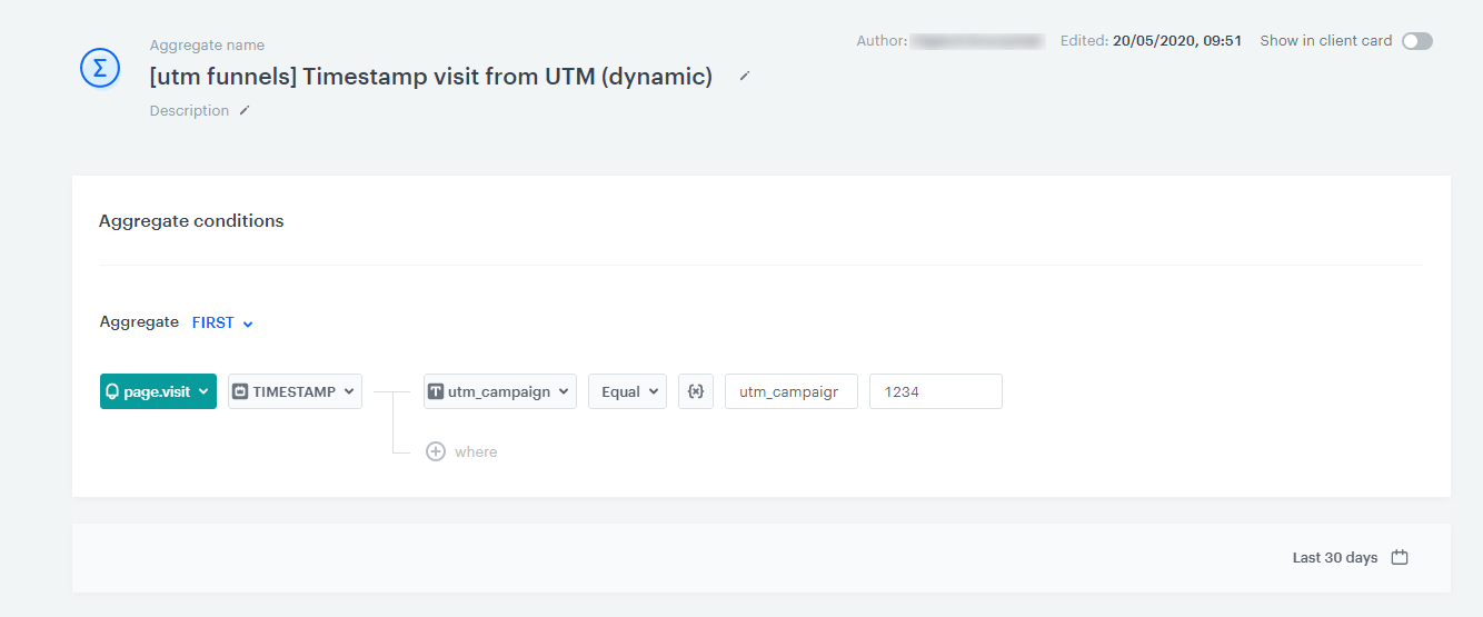 Decision Hub aggregate returning the TIMESTAMP of the first page.visit event filtered by UTM campaign name using a dynamic key