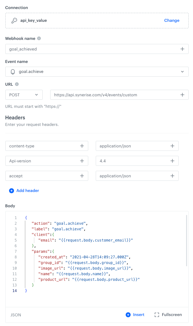 Outgoing webhook node configuration in Automation Hub showing the endpoint URL, authorization method, and request body fields