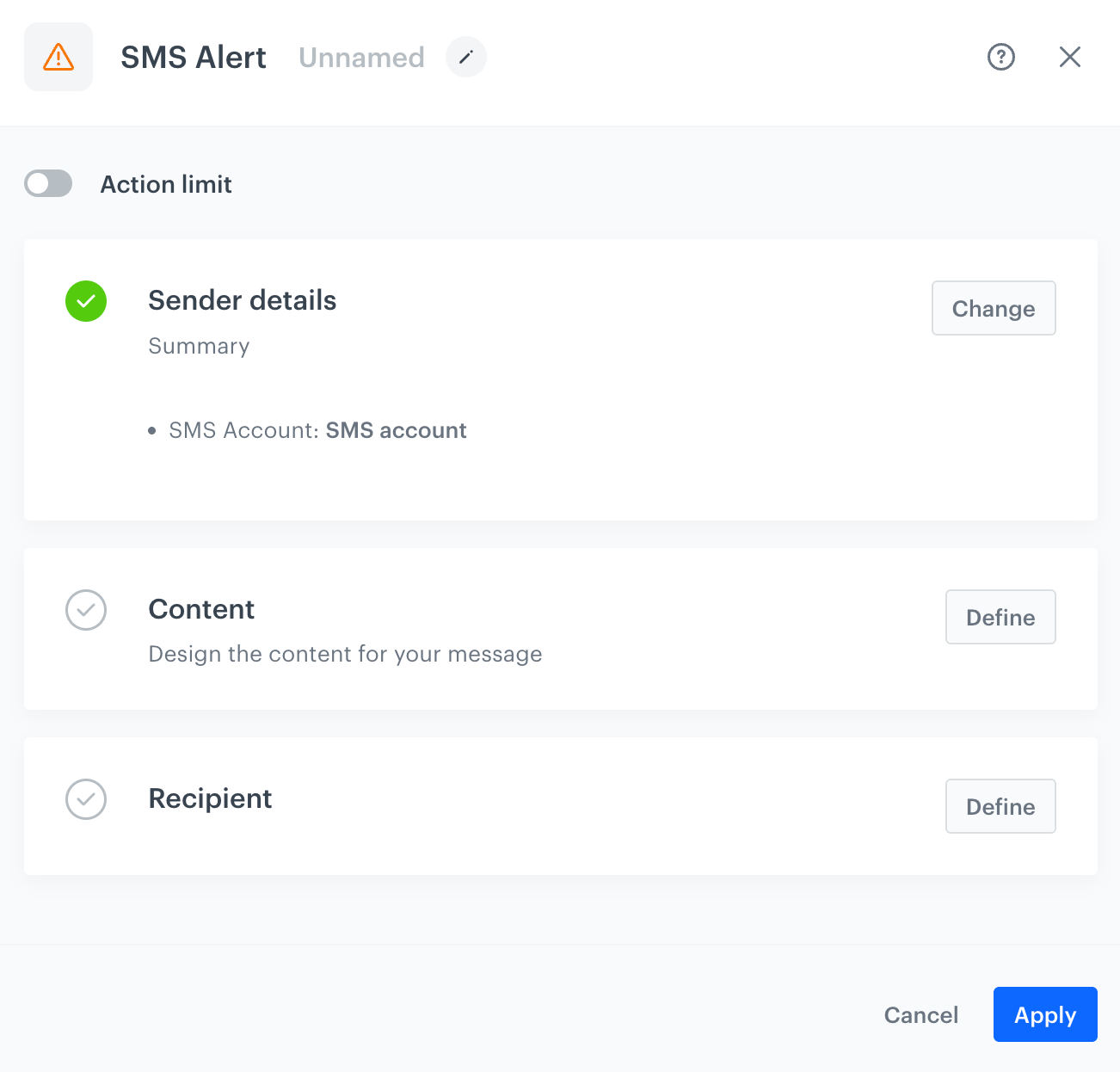 Blank SMS Alert configuration pop-up