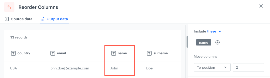 The column reordered according to the To position option