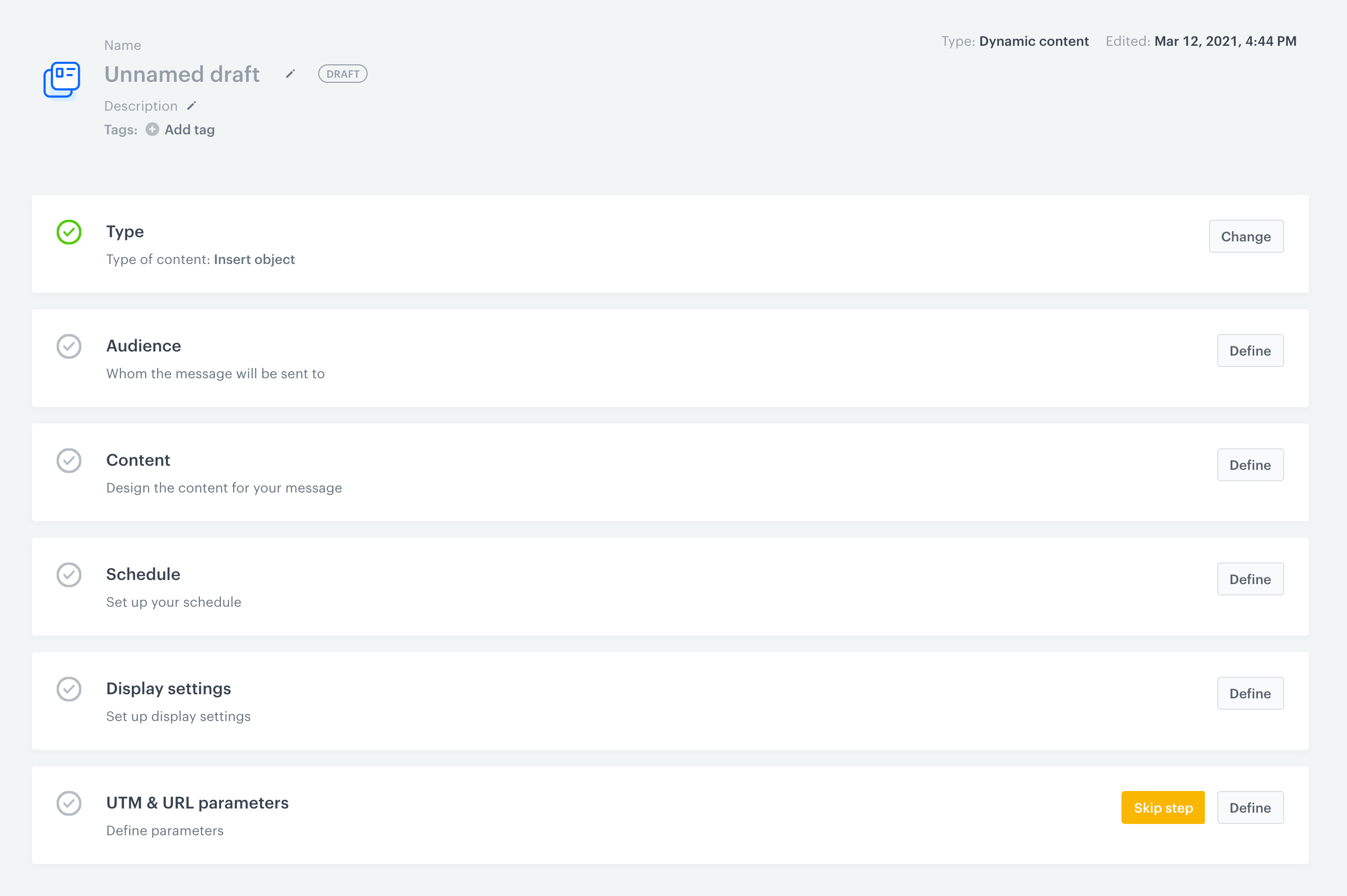 Blank dynamic content creation form in Experience Hub showing name, type, and audience fields