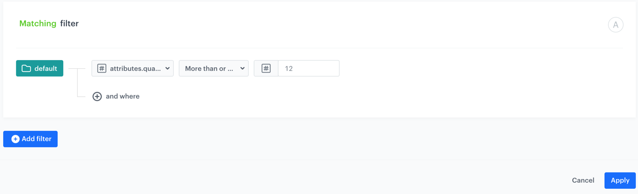 Visual builder filter in AI Hub restricting recommendations to items with stock quantity greater than 12