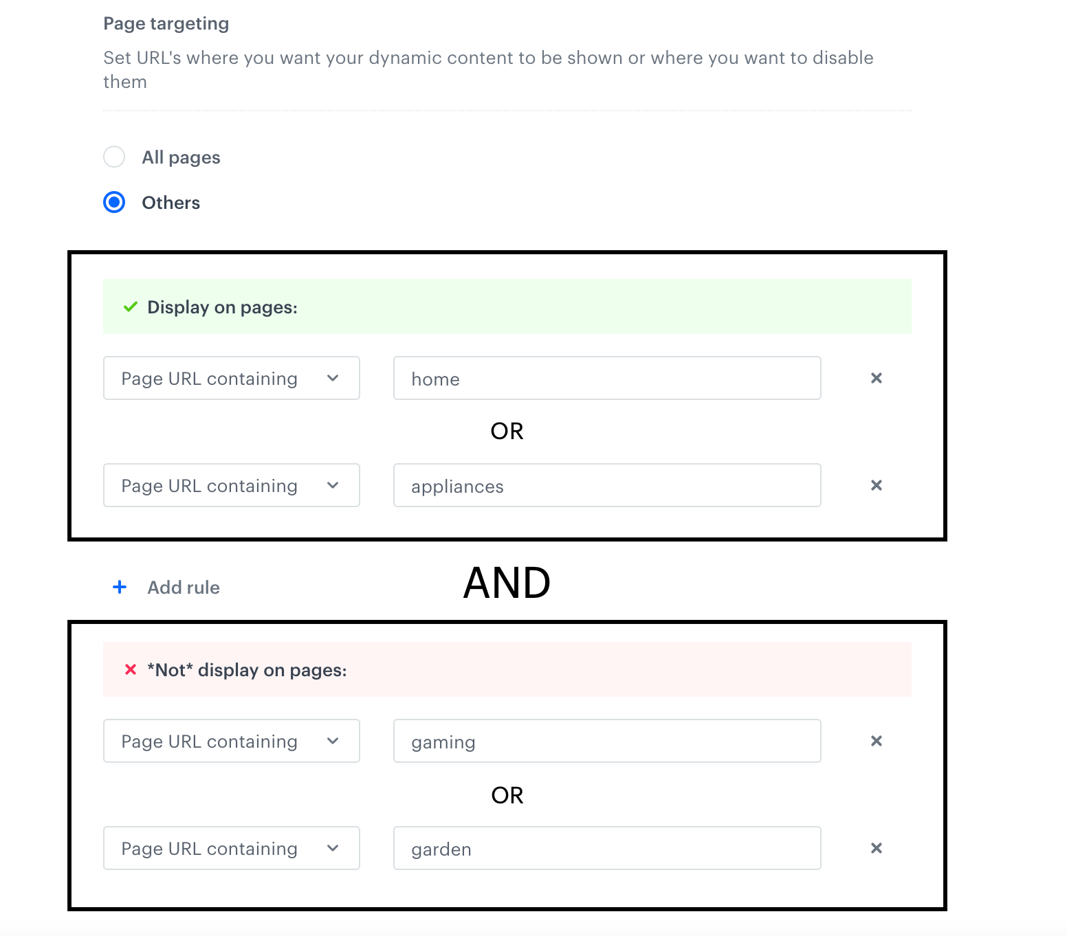 Dependency logic between Display on pages and Not display on pages logic