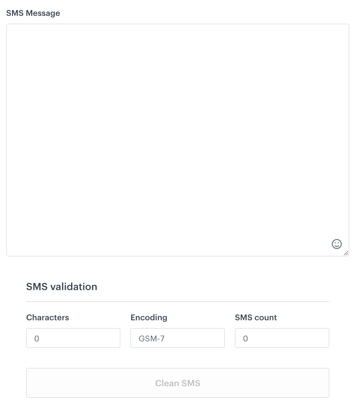 SMS editor validation panel showing Characters count, Encoding type (GSM-7 or UCS-2), and SMS count fields, with a Clean SMS button and a color-coded message preview