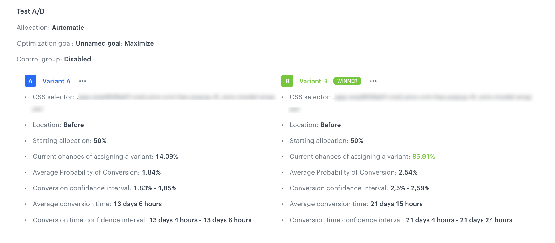 Variant optimizer statistics panel in Experience Hub dynamic content showing win rates and scores for each content variant