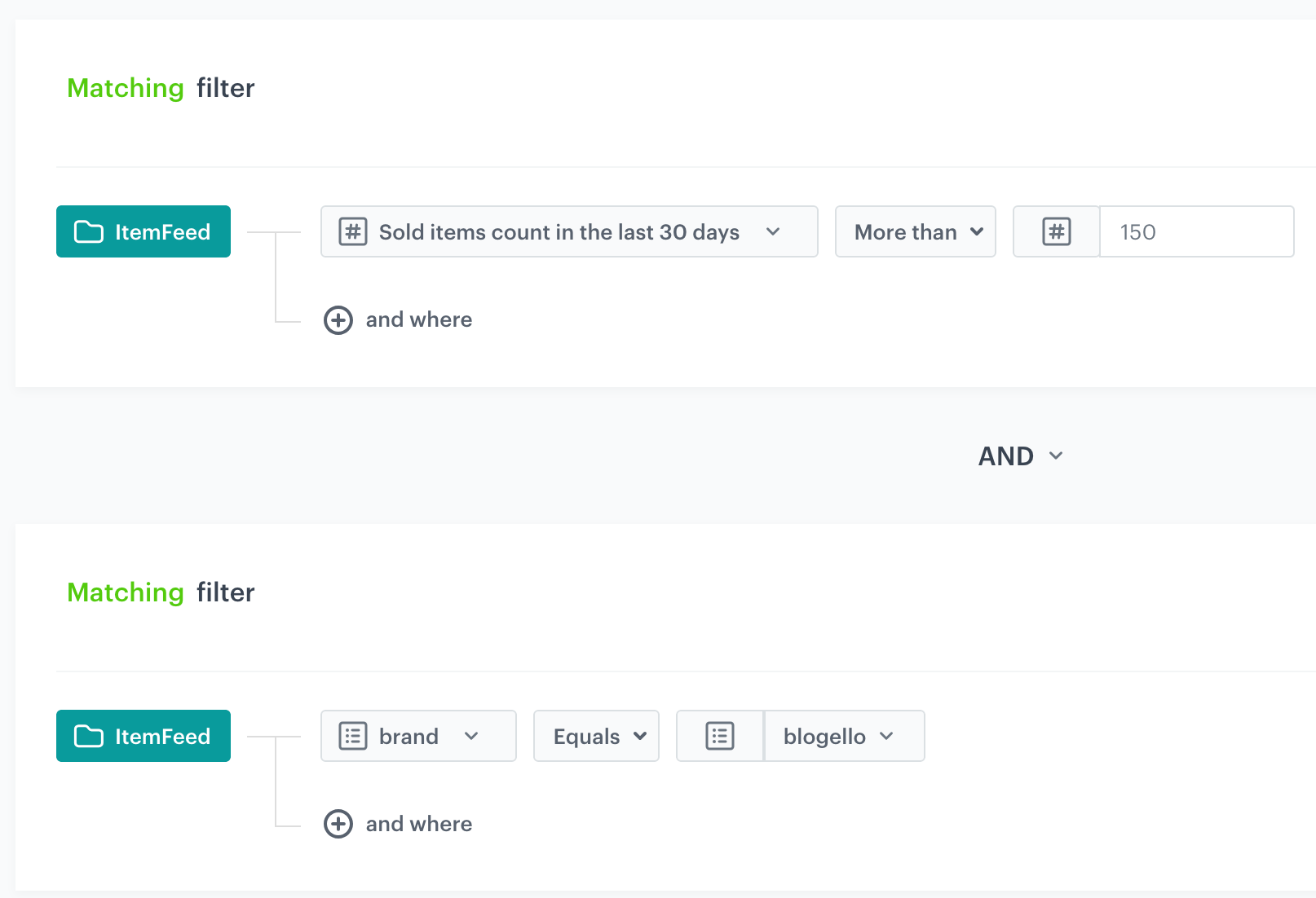 Visual builder filter in AI Hub boosting brand loyalty by including items purchased more than 150 times in the last 30 days