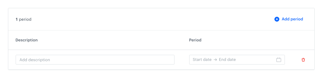 Periods table on the Training data tab with a new row containing the Description field and the Start date - End date period selector