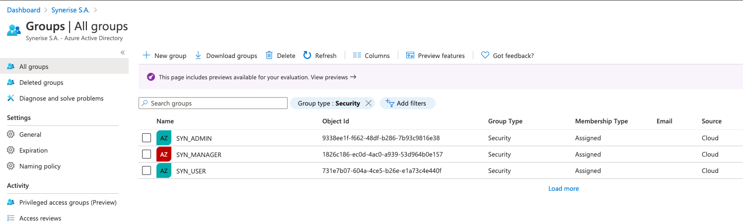 Microsoft Entra ID security groups list for Synerise application access configuration