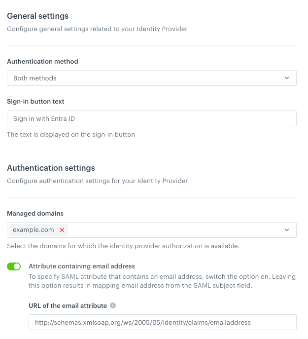 Synerise SSO Authentication settings configured with Microsoft Entra ID email attribute