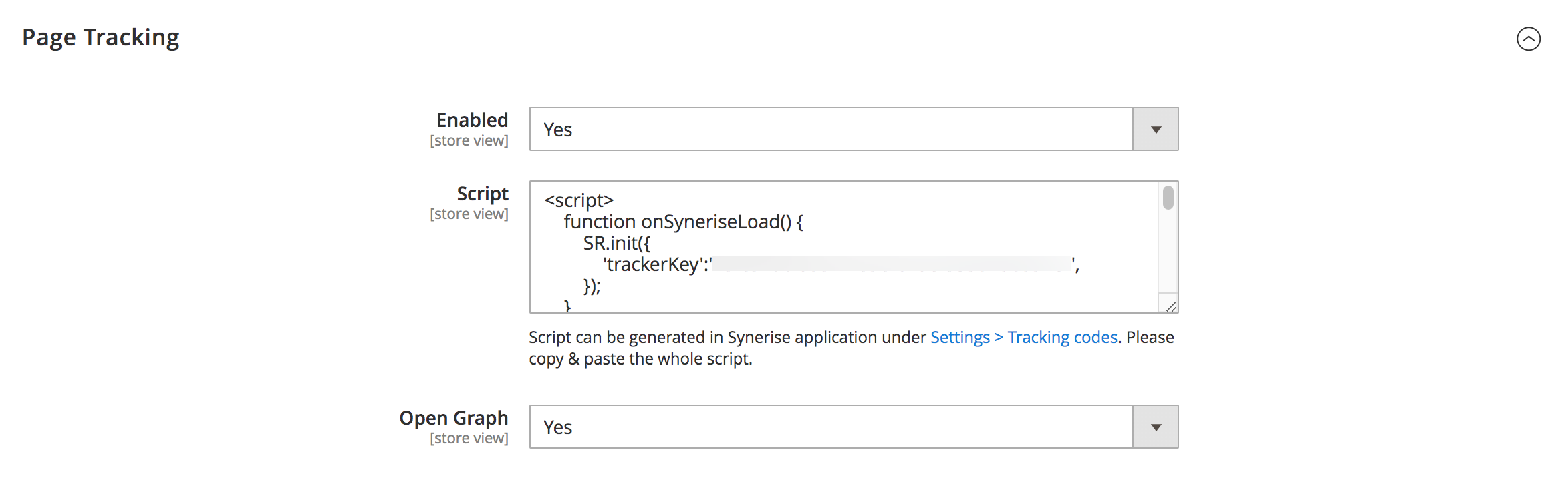Magento Synerise plugin Page tracking section with tracking code and Open Graph settings