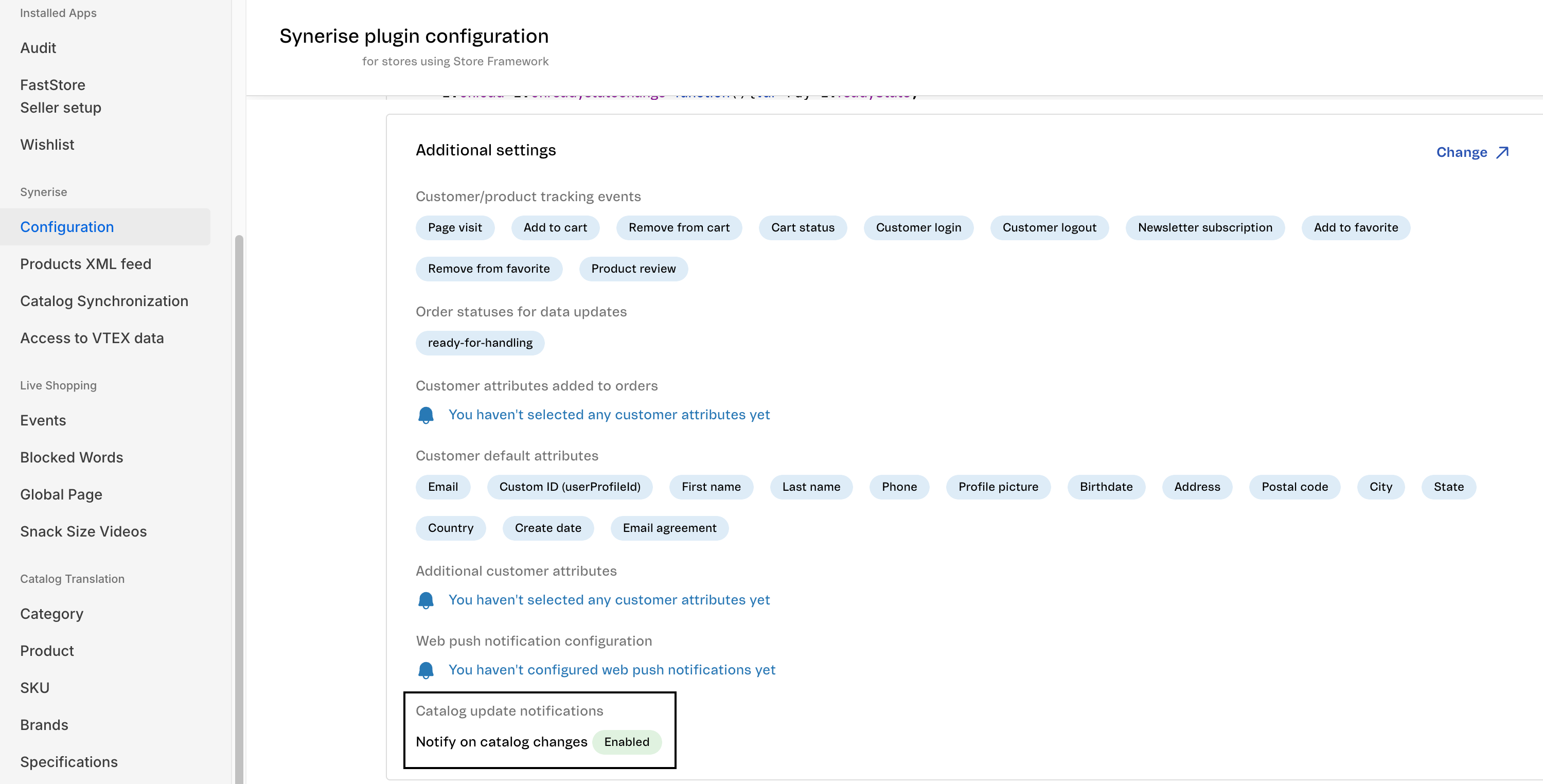Synerise plugin configuration in VTEX panel
