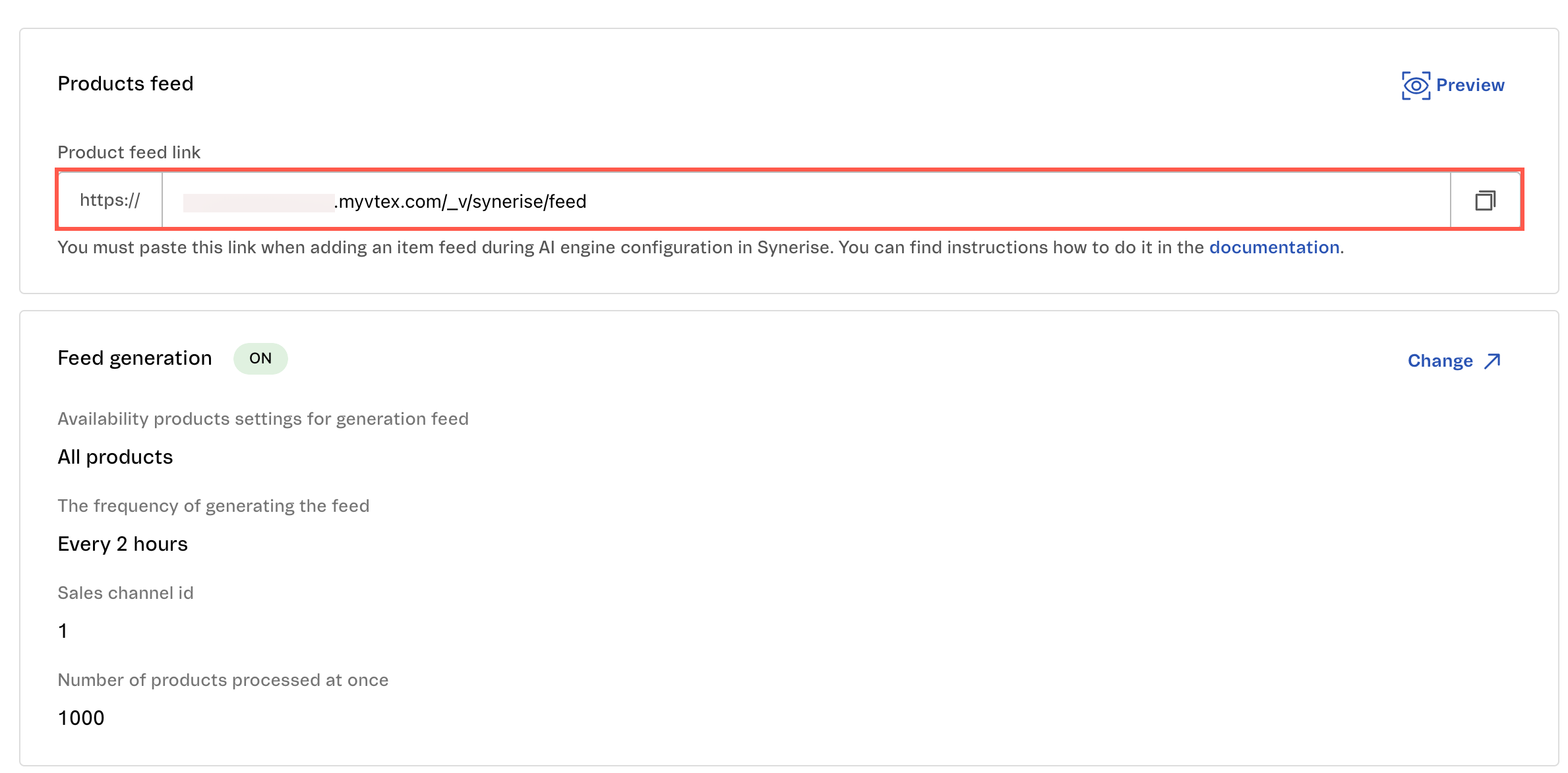 Product feed preview configuration panel in the Synerise VTEX plugin with sales channel selector and item selection for previewing the XML export