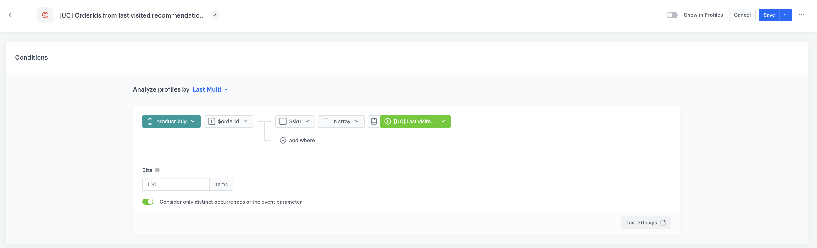 Decision Hub Last Multi aggregate returning the distinct product.buy order IDs for items previously clicked in the AI recommendation campaign