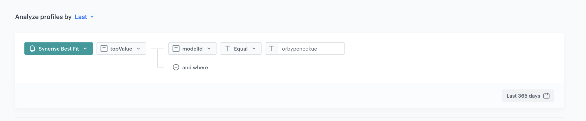 Decision Hub Last aggregate returning the topValue parameter of the last snr.bestfit.score event filtered by prediction model ID in the past 365 days