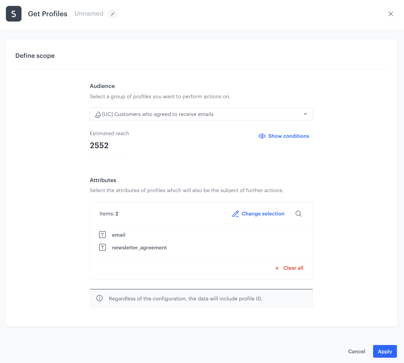 Automation Hub Get Profiles node selecting customers by segmentation with newsletter agreement and email attributes for Google Cloud Storage export