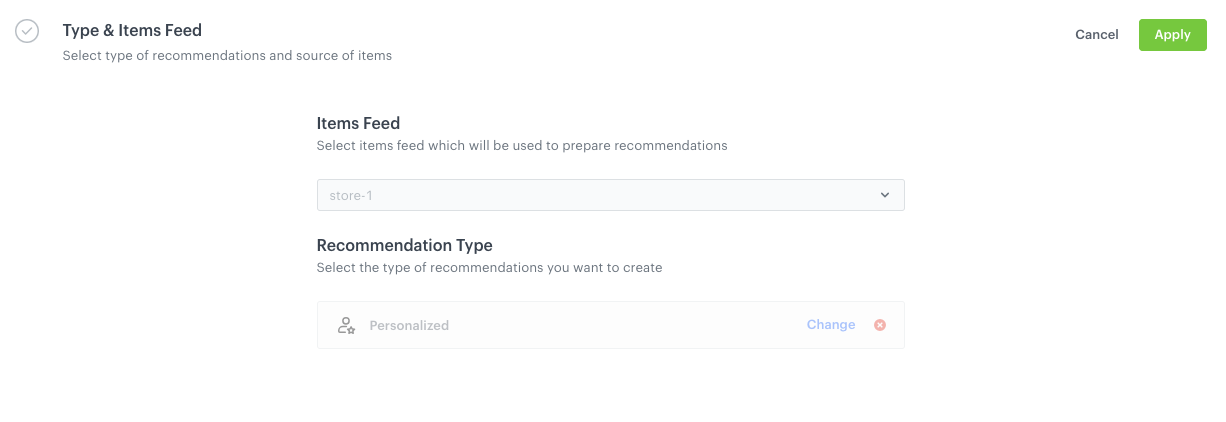 AI Hub recommendation model Type and Items feed section with Personalized recommendation type selected for product sets