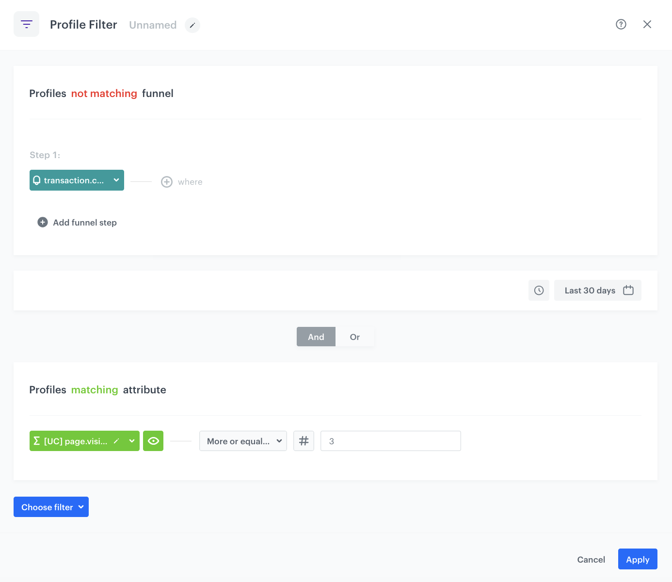Automation Hub Profile Filter node filtering customers not matching purchase funnel and with aggregate count of 3 or more in the last 30 days