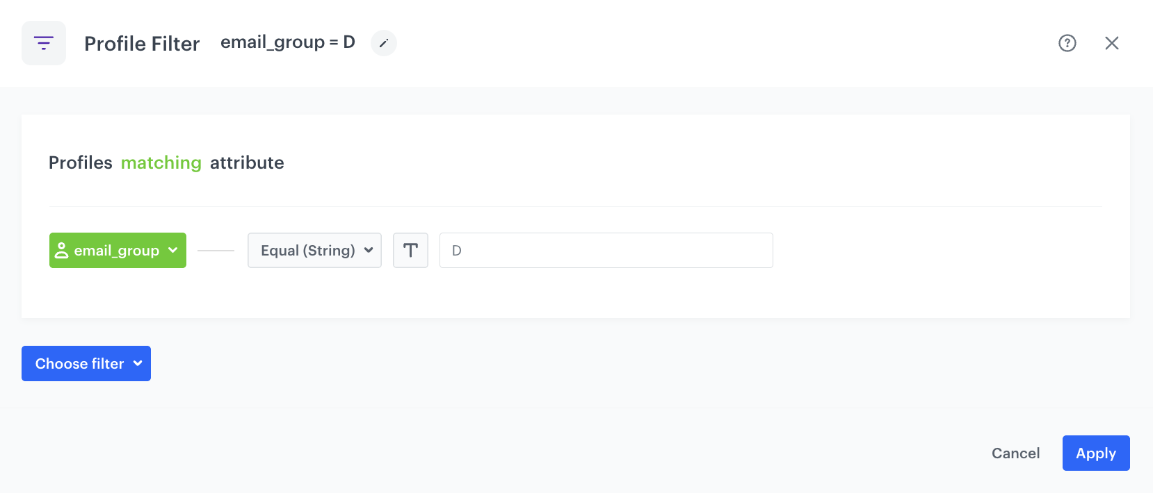 Automation Hub Profile Filter node checking if customer is assigned to email group D