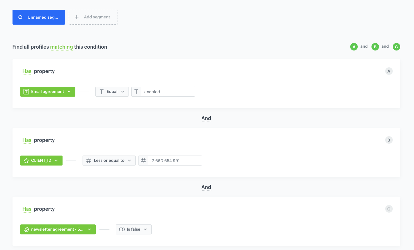 Decision Hub segmentation configuration for 700 customers with email marketing agreement