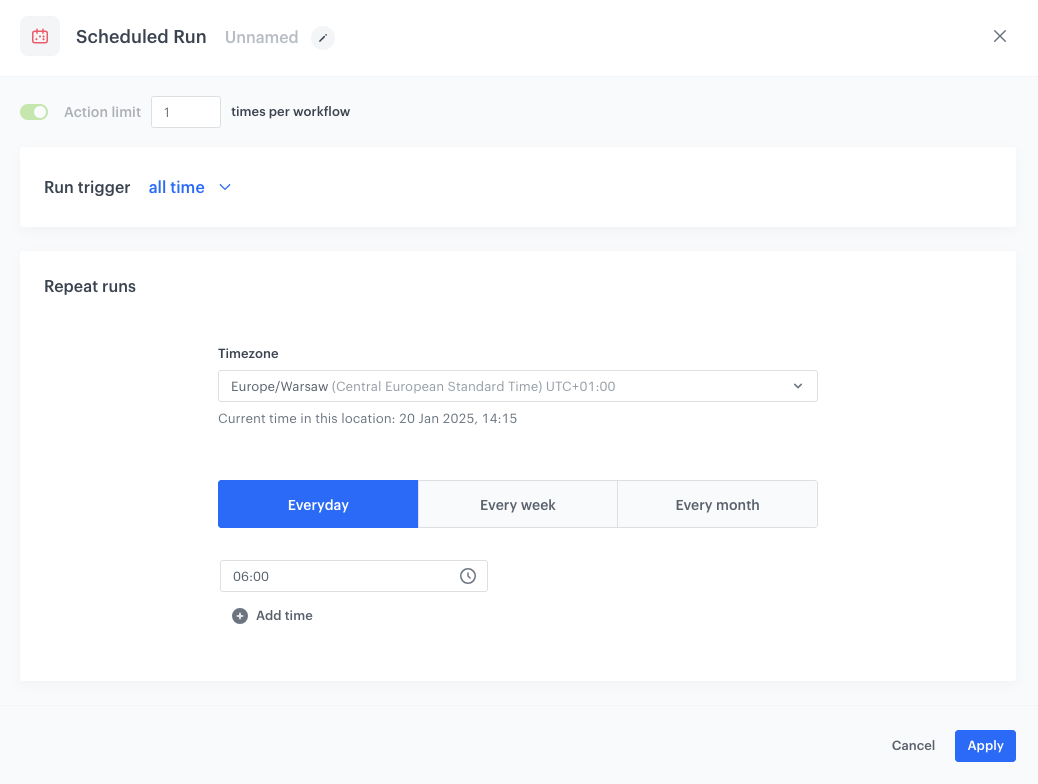 Automation Hub Scheduled Run node configuration for triggering Microsoft Teams alert notifications