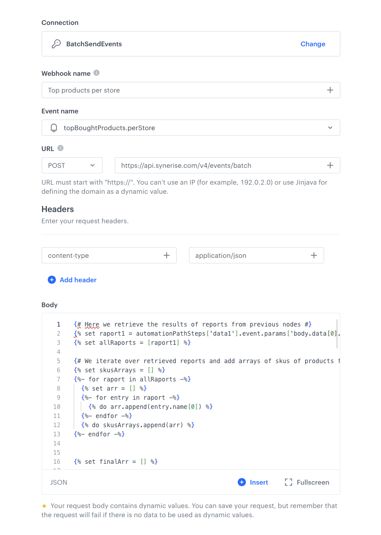 Automation Hub Outgoing Integration node configured as a webhook to generate a custom event with enriched top products data