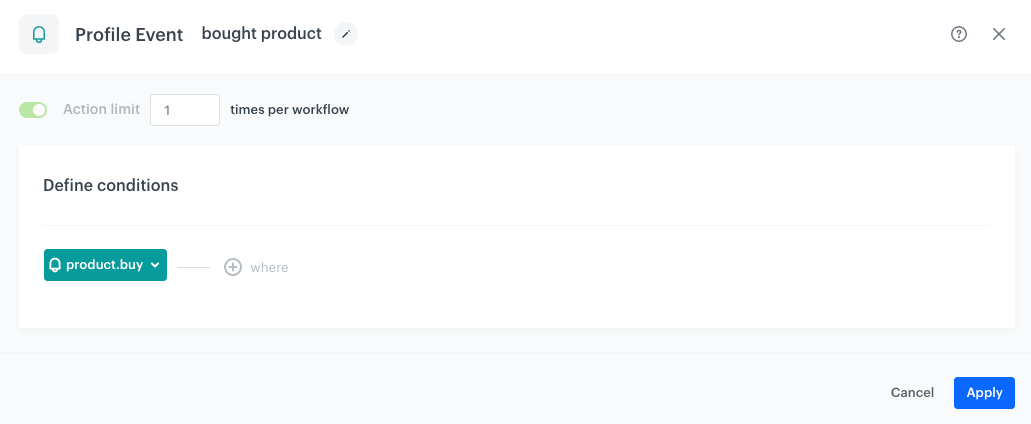 Automation Hub Profile Event node configured with product.buy event for TrustMate integration trigger