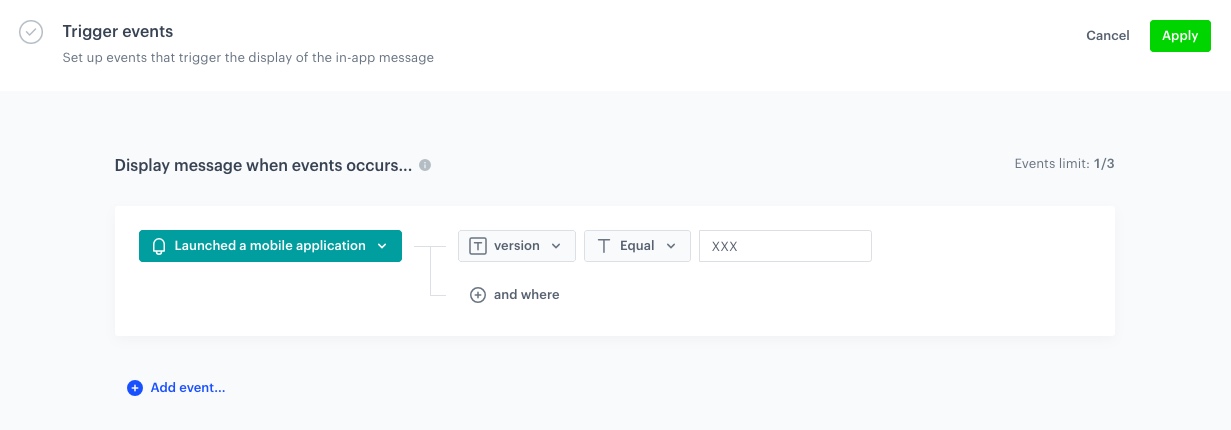 In-app message trigger configured with client.applicationStarted event filtered by app version