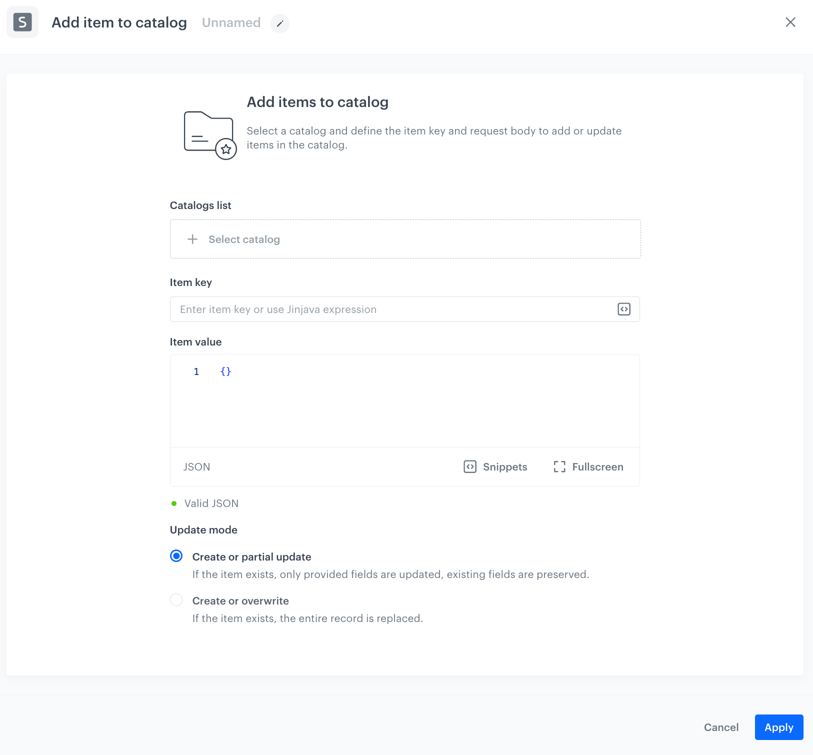 A blank Add item to catalog node configuration