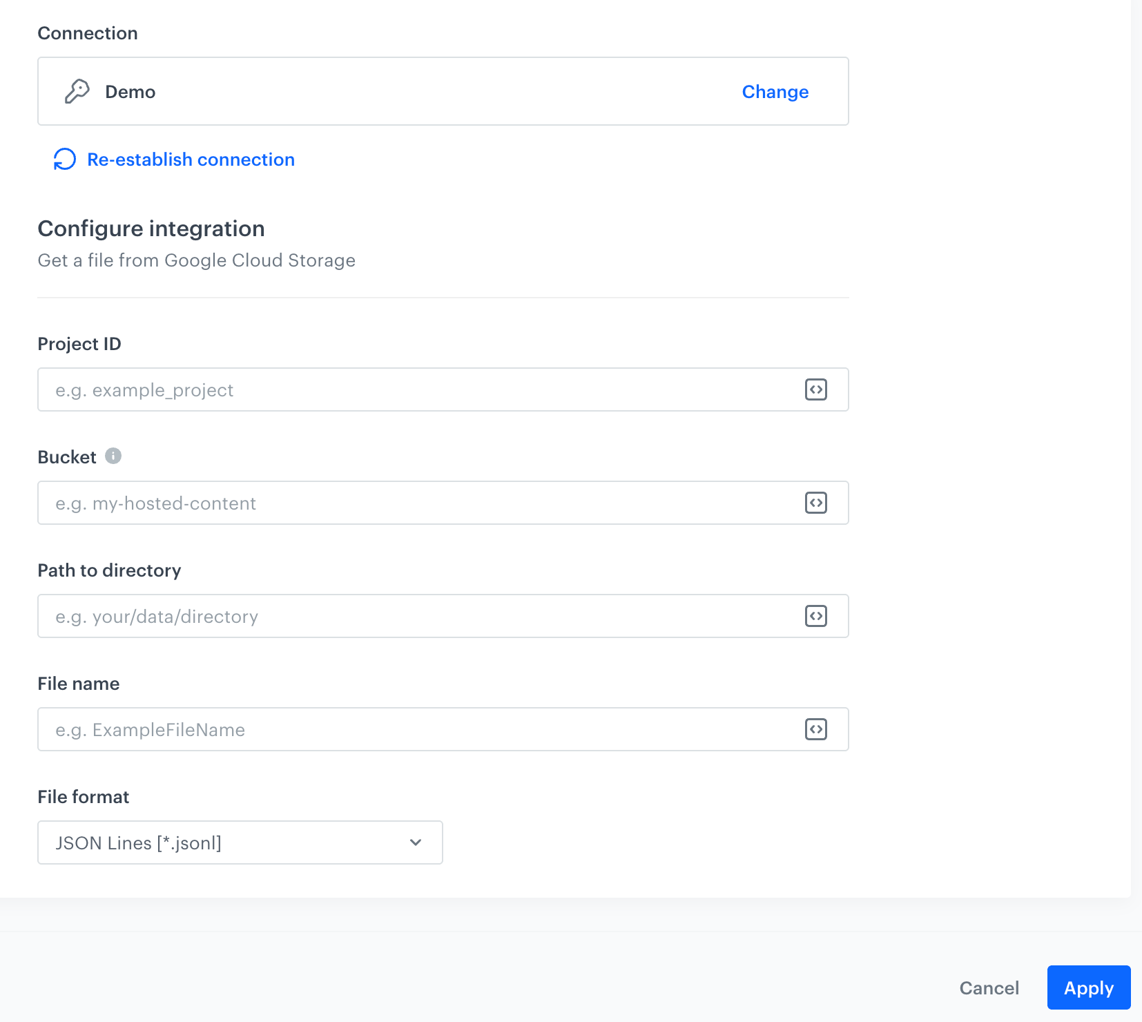 A blank configuration form in Get File node (Google Cloud Storage)