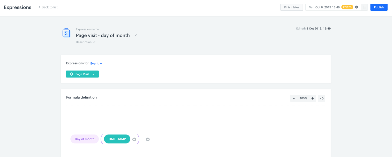 Version selector bar in Decision Hub expressions allowing users to switch between saved versions of an expression
