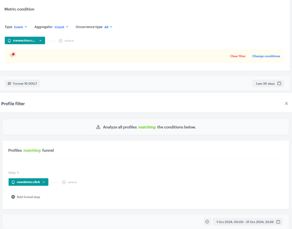 Change conditions filter containing a newsletter.click event with a fixed date range visible in the filter settings