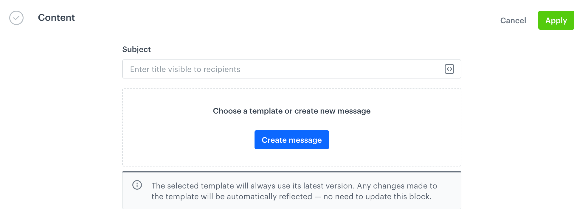Blank configuration form for the Content section in the settings of the Send Email Alert node
