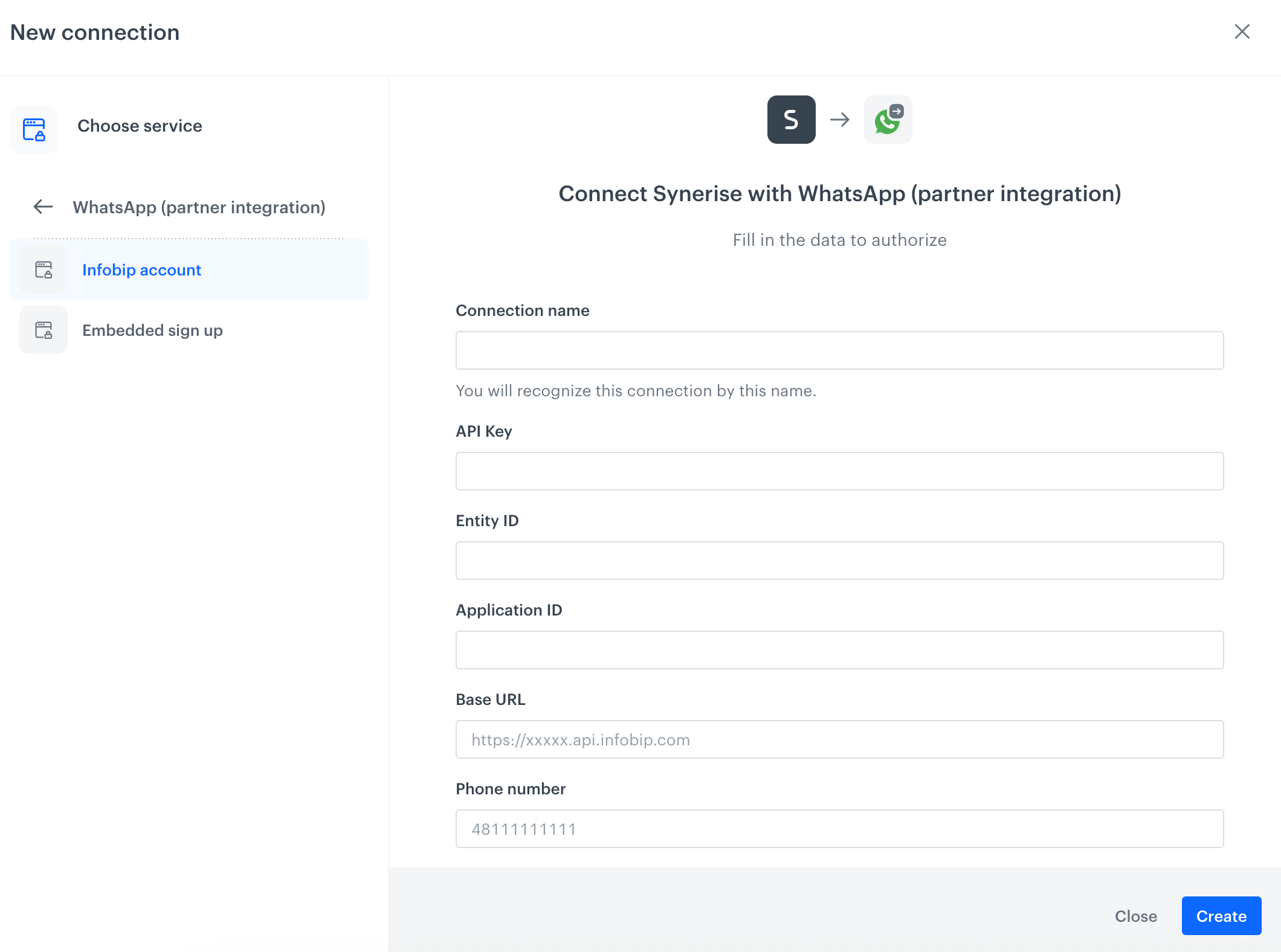 A blank configuration form for WhatsApp partner integration by means of Infobip account