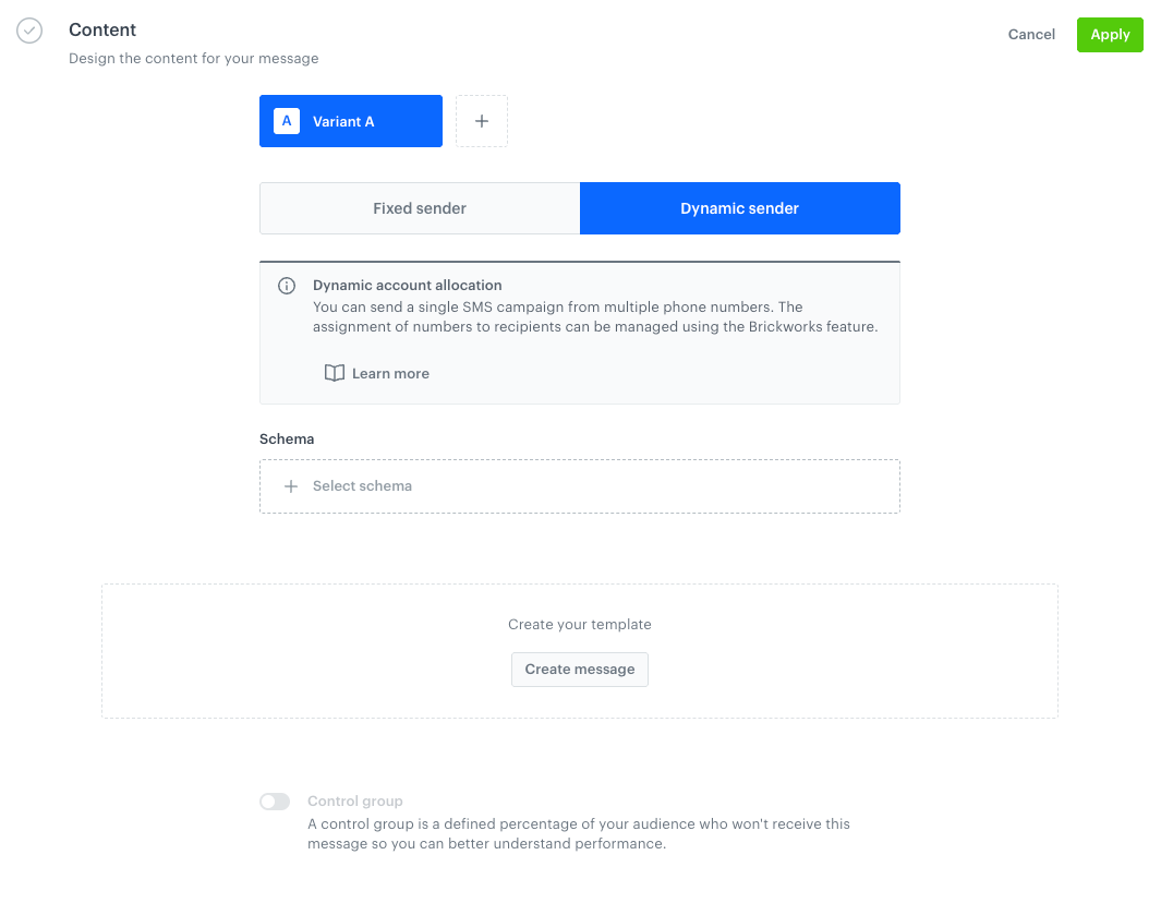 The Dynamic sender tab in the Content section of the SMS campaign