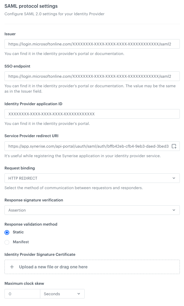 Synerise SSO SAML protocol settings configured for Microsoft Entra ID integration