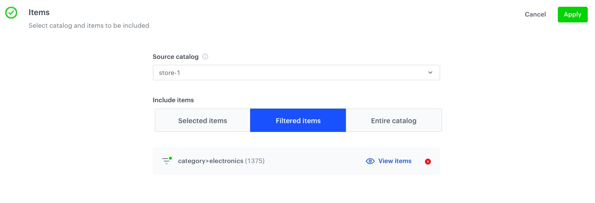 AI Hub promotion Items section showing filtered items from a selected catalog