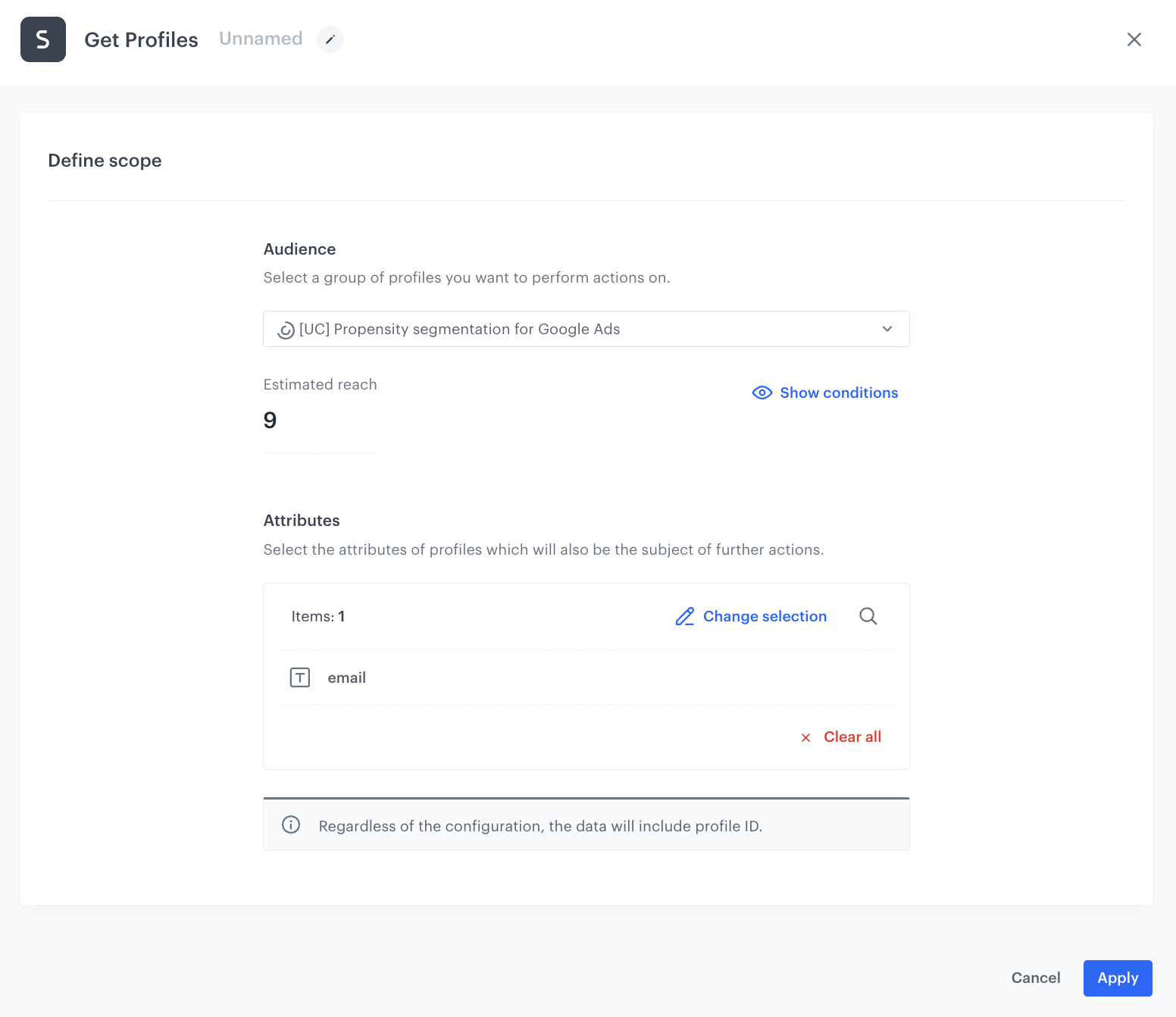 Automation Hub Get Profiles node selecting high-propensity customers with email attribute for Google Ads export