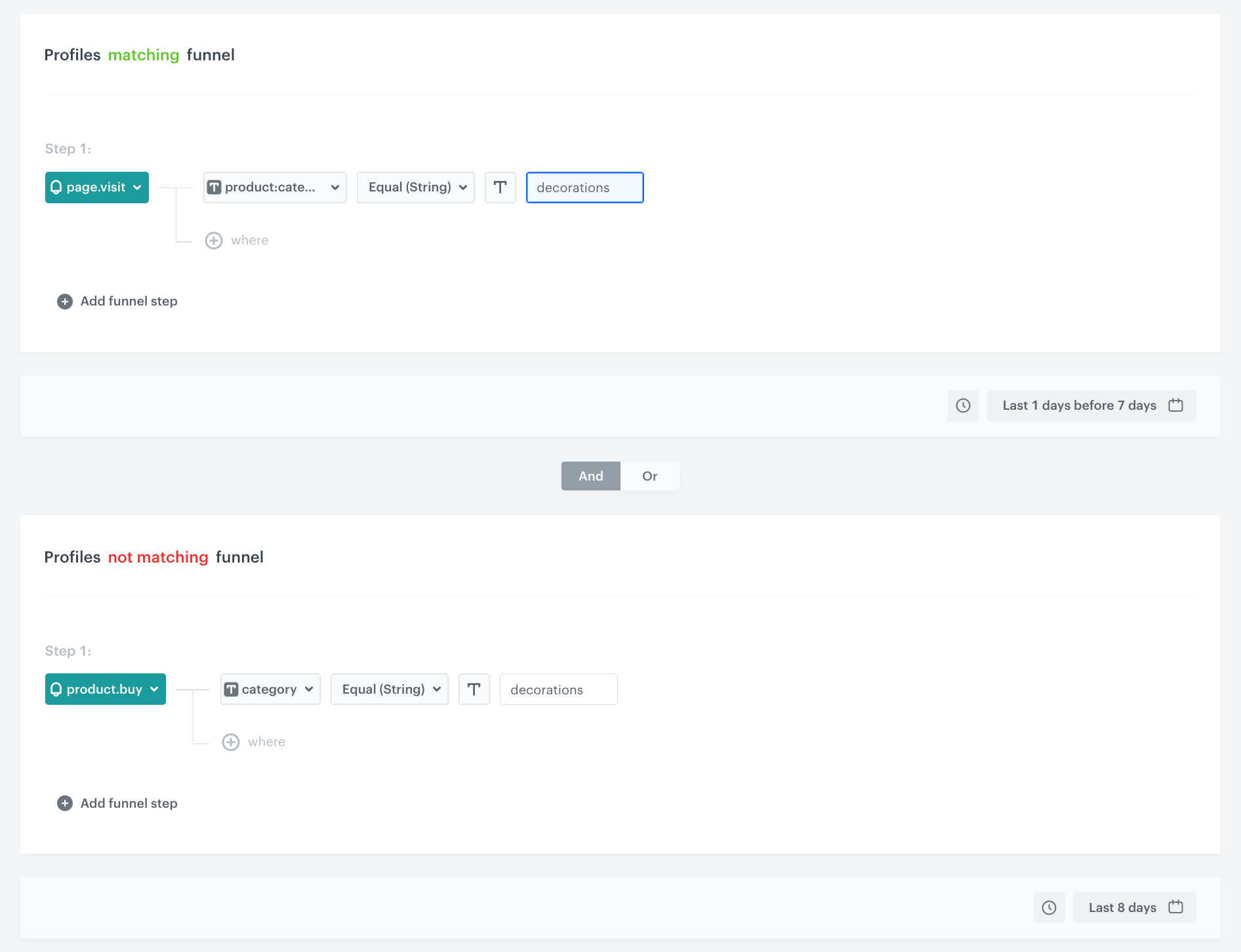 Automation Hub Audience node configuration filtering customers with recent category visits and no recent purchases