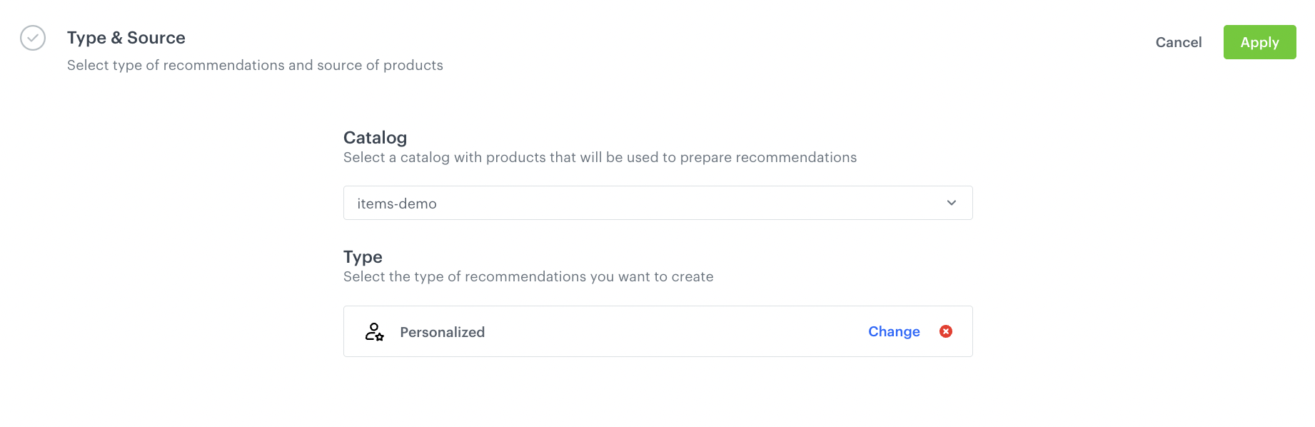 AI Hub recommendation model Type and Items feed section with Personalized recommendation type selected
