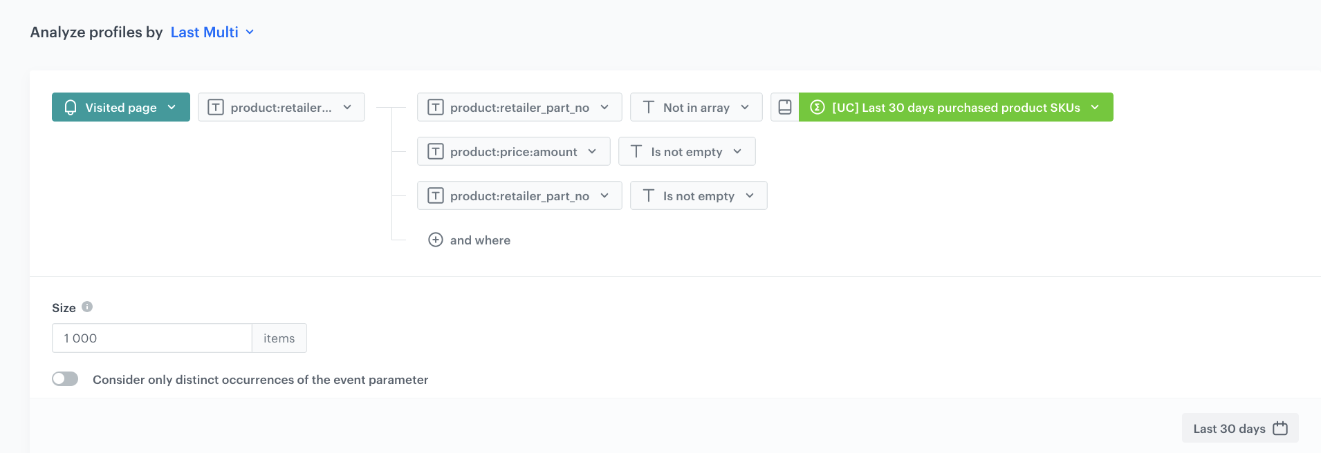 Configuration of the aggregate collecting desktop website viewed product SKUs